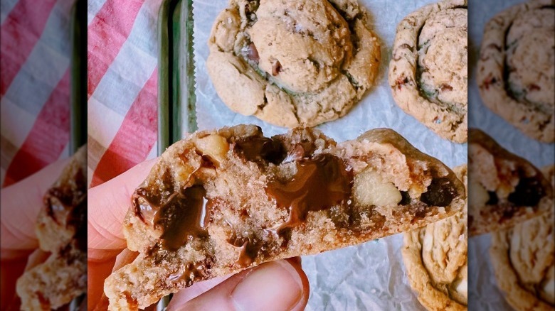 chocolate chip cookie split in half