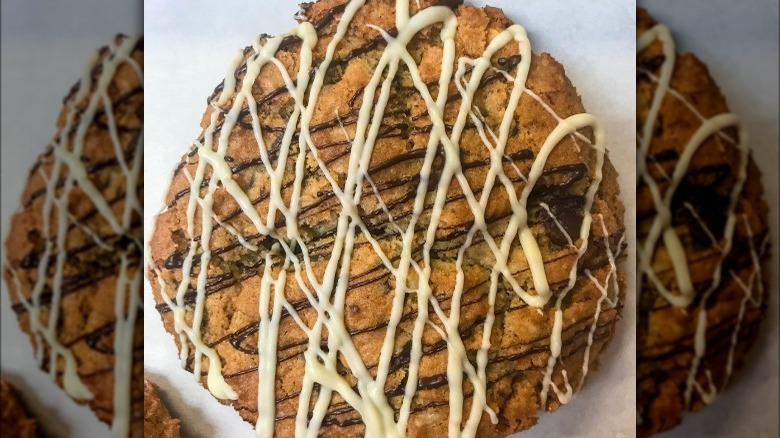 chocolate chip cookie with icing drizzle