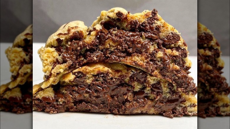 cross section of gooey chocolate chip cookie