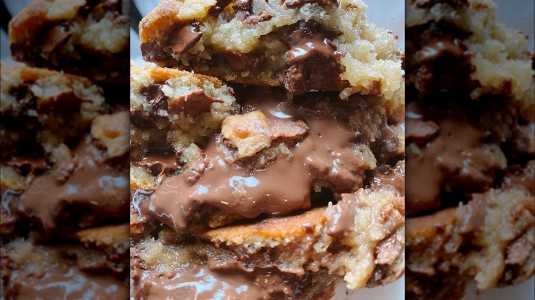 close up of a gooey chocolate chip cookie