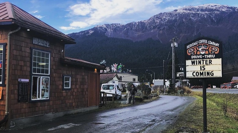 Heritage Coffee Juneau with mountains in background