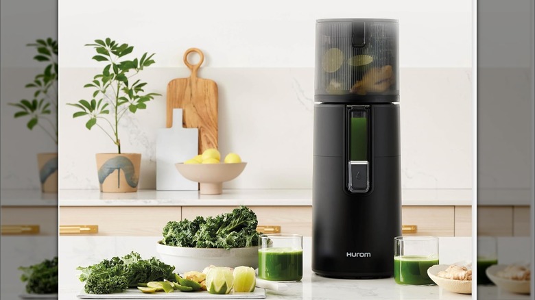 Hurom H400 Easy Clean Slow Juicer on a kitchen counter with various foods