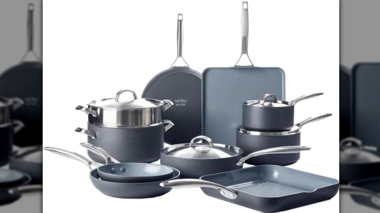 GreenPan Paris Pro 14-piece nonstick cookware set with white background