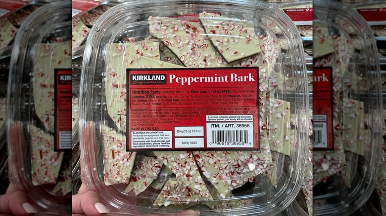 A container of Kirkland Signature Peppermint Bark