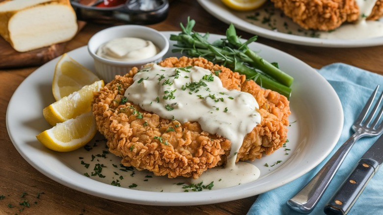 Chicken fried steak served on plate with creamy white gravy and lemon wedges.