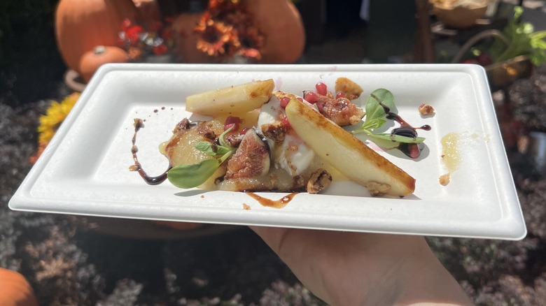 Burrata with Seasonal Fall Fruit, Spiced Pecans, Apple Puree, and Fig Vinaigrette