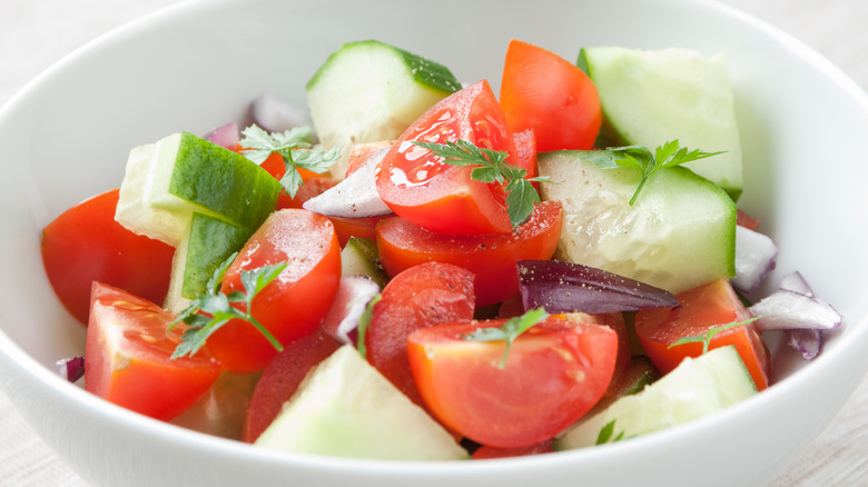 Close up of tomato and cucumber salad 