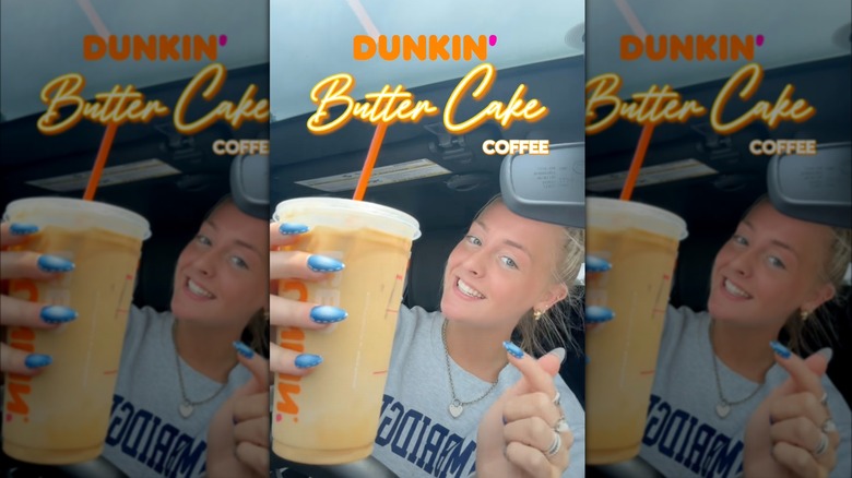 Person holding butter cake coffee in car