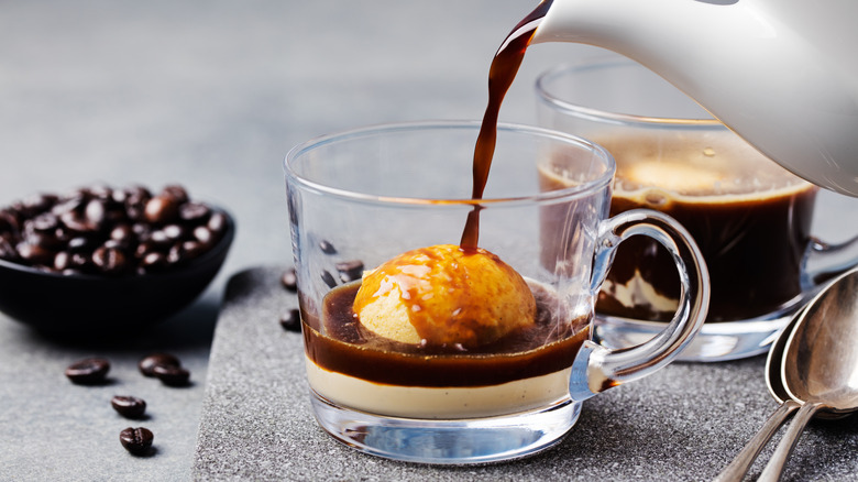 pouring coffee over ice cream affogato