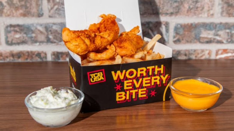 Tex's chicken in a box with dipping sauces