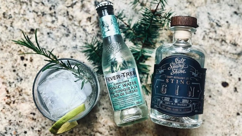 A gin and tonic, bottle of Fever-Tree Elderflower Tonic Water, and gin bottle