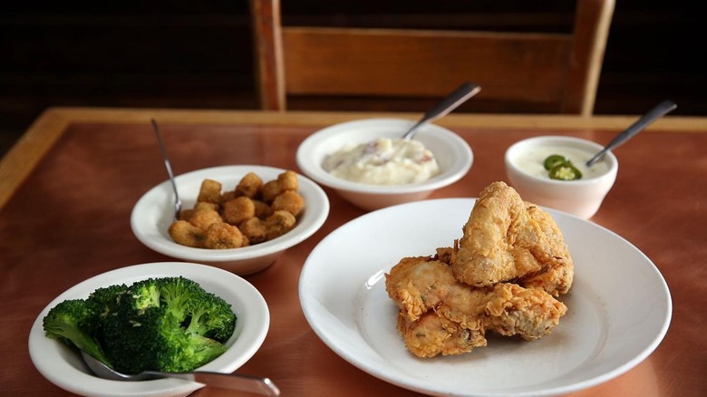 fried chicken, broccoli, okra, gravy