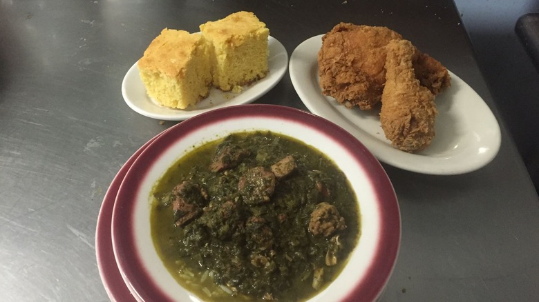 dooky chase fried chicken with greens and cornbread