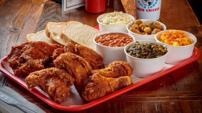 platter of fried chicken and sides