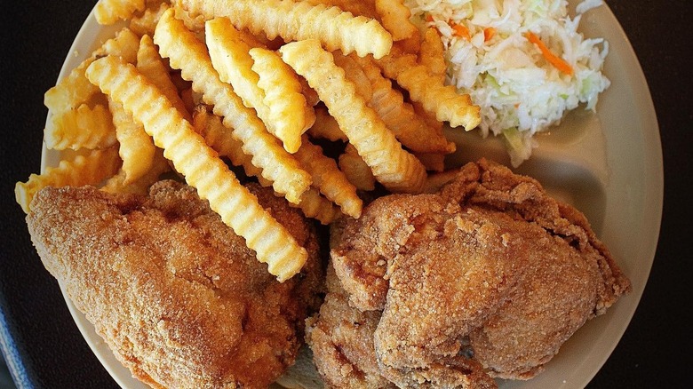 fried chicken, fries, and coleslaw