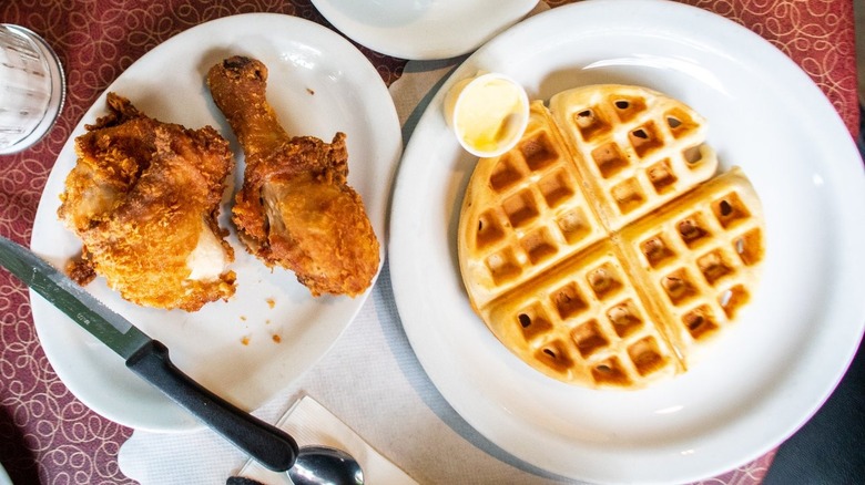 fried chicken and waffles with butter