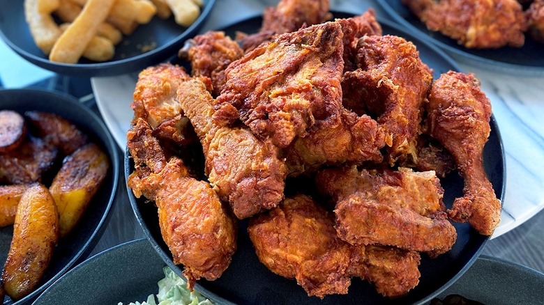 fried chicken, plantains, and yuca fries