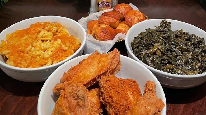 sylvia's fried chicken, mac, and greens