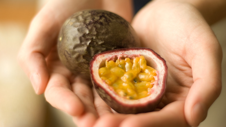 hands holding passionfruit