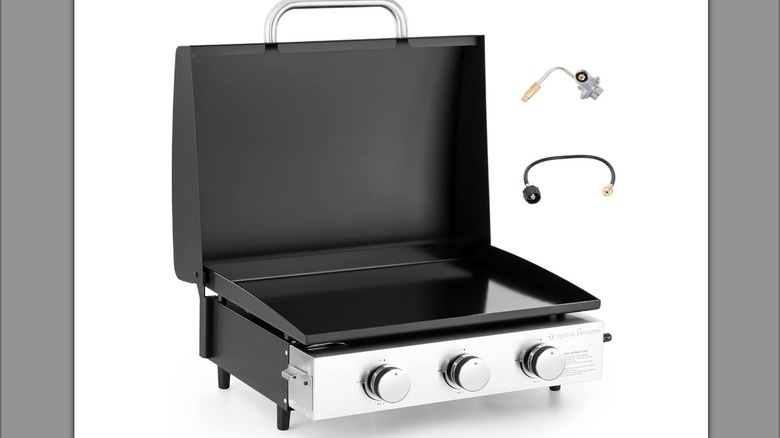 Tabletop Captiva Designs 22 Inch Flat Top Griddle, showing gas connectors with chrome control panel