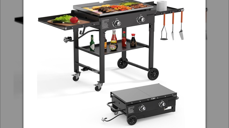 Free-standing SKOK Foldable Gas Griddle, with food, cooking tools, and condiments on the tray, also shown folded up for storage or transport