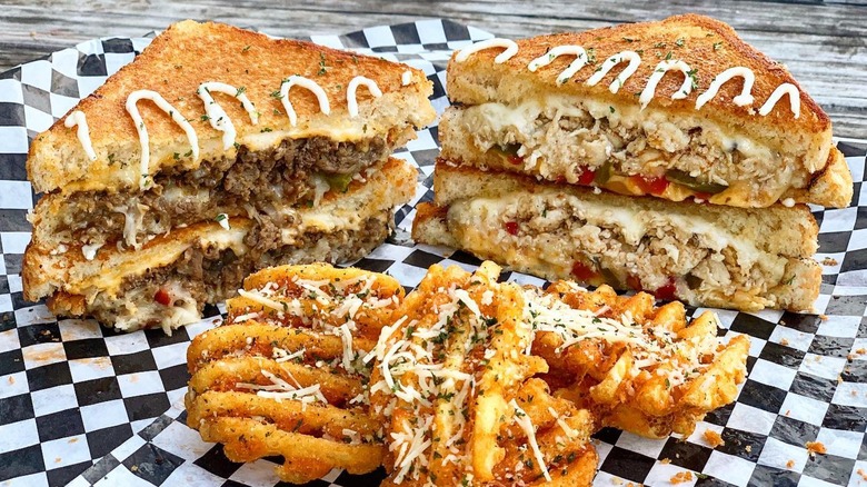 Philly grilled cheese sandwich halves