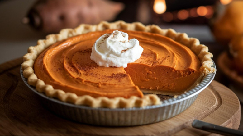 pumpkin pie in foil tin