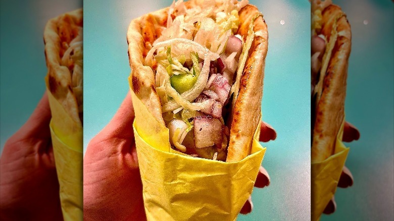 Pita filled with gyro and vegetables