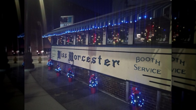 Outside of Miss Worcester Diner in Massachusetts at night