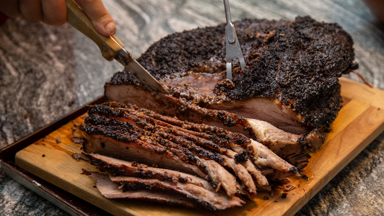 Sliced brisket on tray