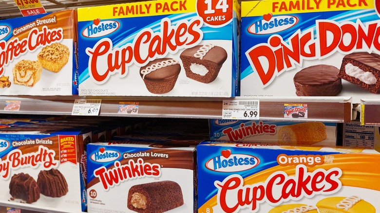 A row of Hostess products in a grocery aisle