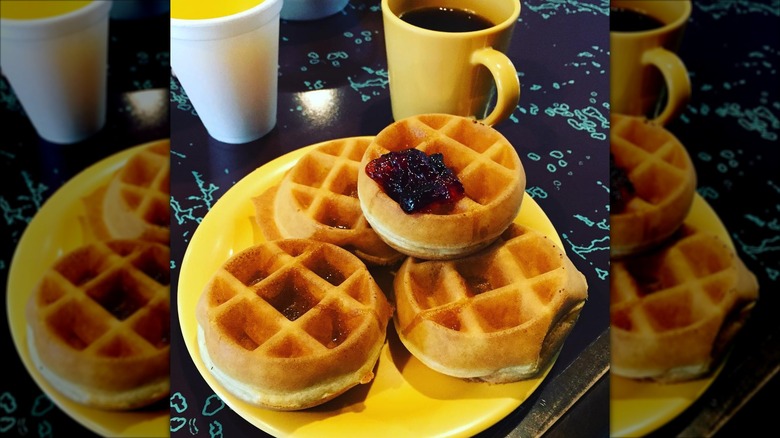 Four mini waffles on yellow plate at Avania Inn of Santa Barbara