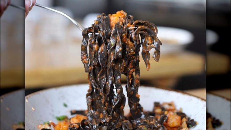 rock shrimp ragu with ink noodles