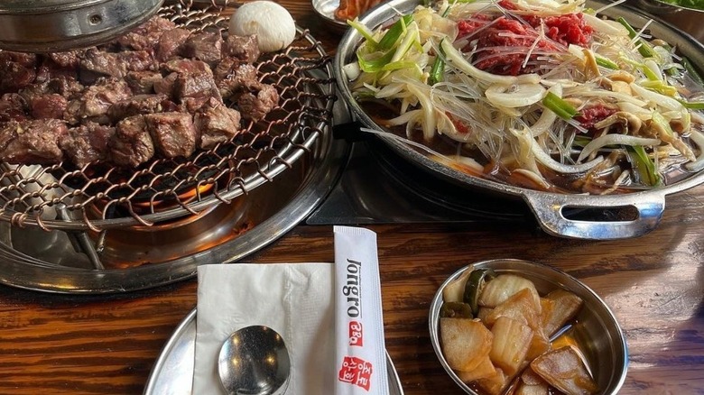 Grilled steak and accompaniments