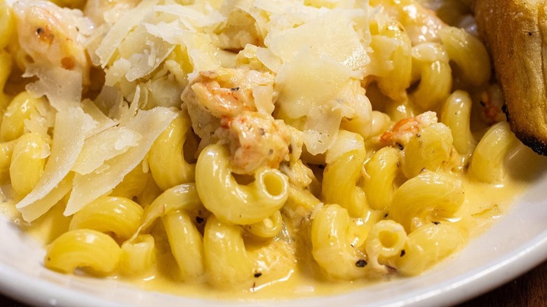 seafood macaroni and cheese on plate