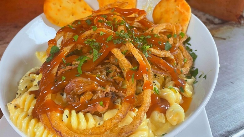 BBQ mac and cheese in bowl