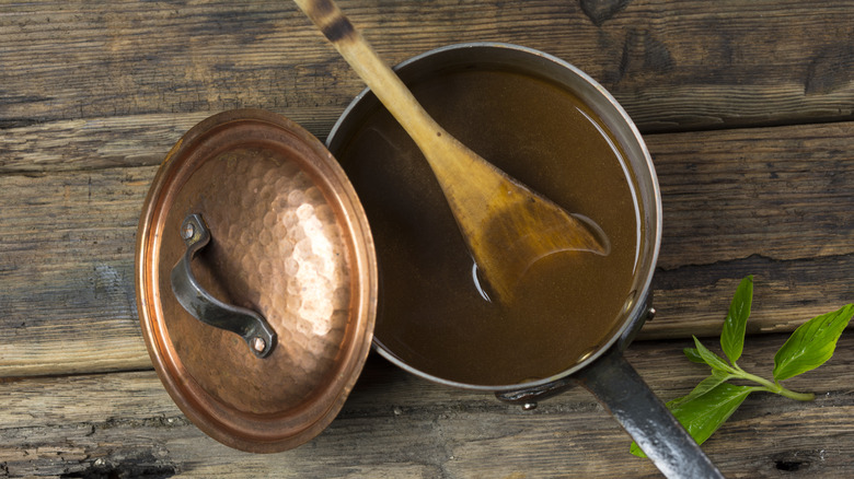 Gravy in a pan.