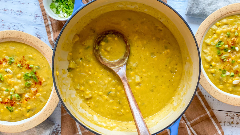 A pot of vegan corn chowder