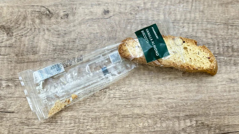 An open package of Vanilla Almond Biscotti on a table
