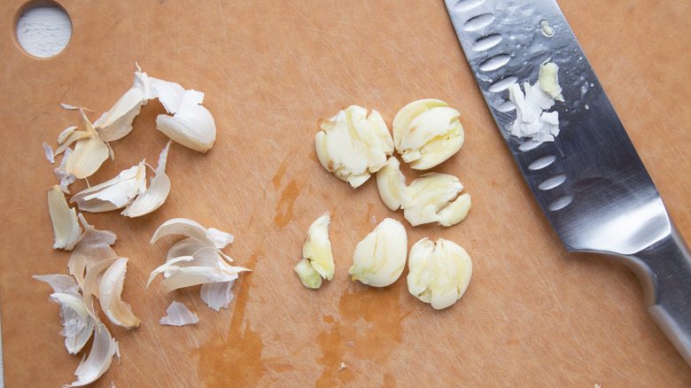 chopped garlic on cutting board