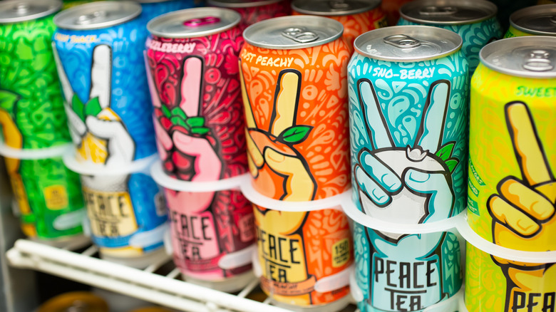 Row of Peace brand iced tea in the cooler of a store