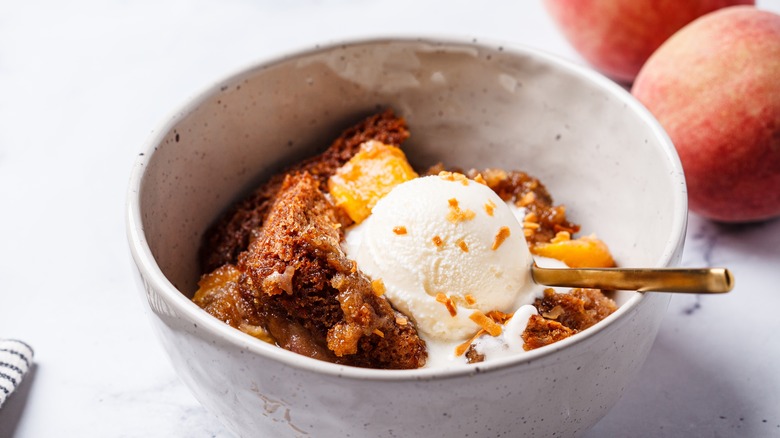 Peach cobbler in bowl