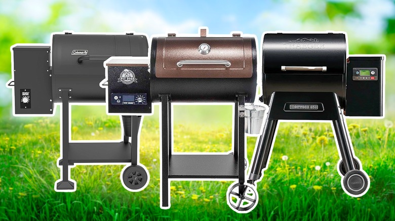 Composite image with Traeger, Coleman, and Pit Boss pellet grills