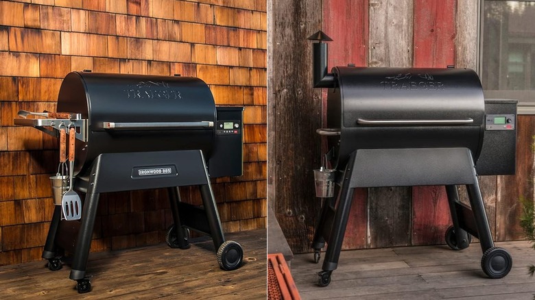 Traeger Grills Ironwood 885 and Traeger's Pro 780 split image of them on a wooden porch