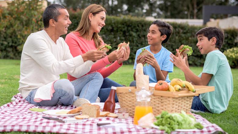 eating sandwiches at picnic