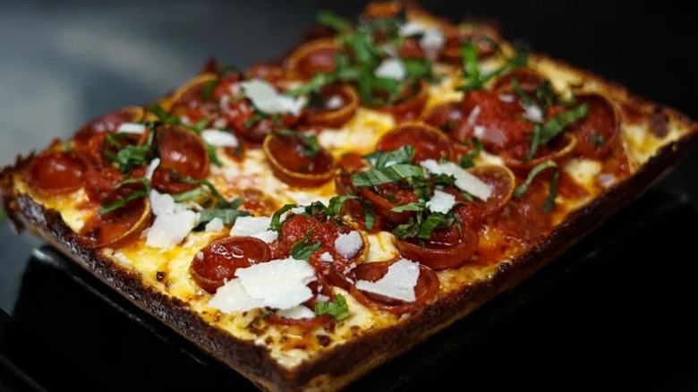 Detroit-style pepperoni pizza