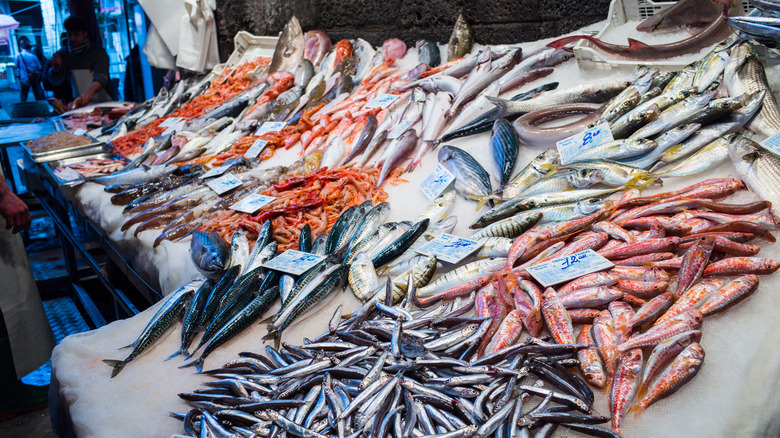 A display of fish at an outdoor fish market