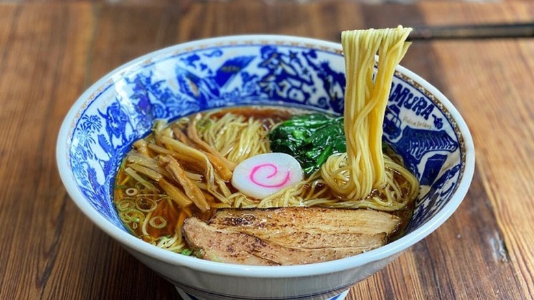 White and blue bowl of ramen