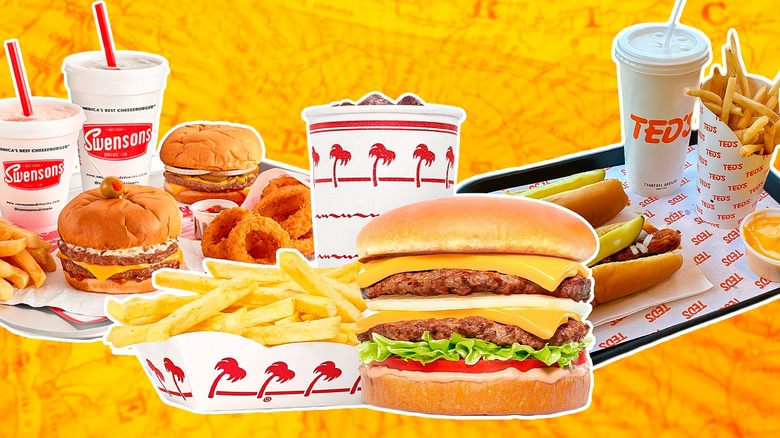 Collage of fast food burgers, sides, and drinks