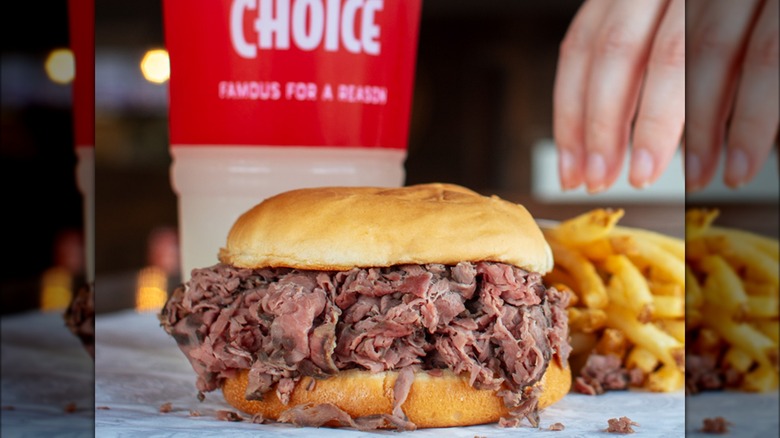 Lion's Choice roast beef sandwich with drink and fries